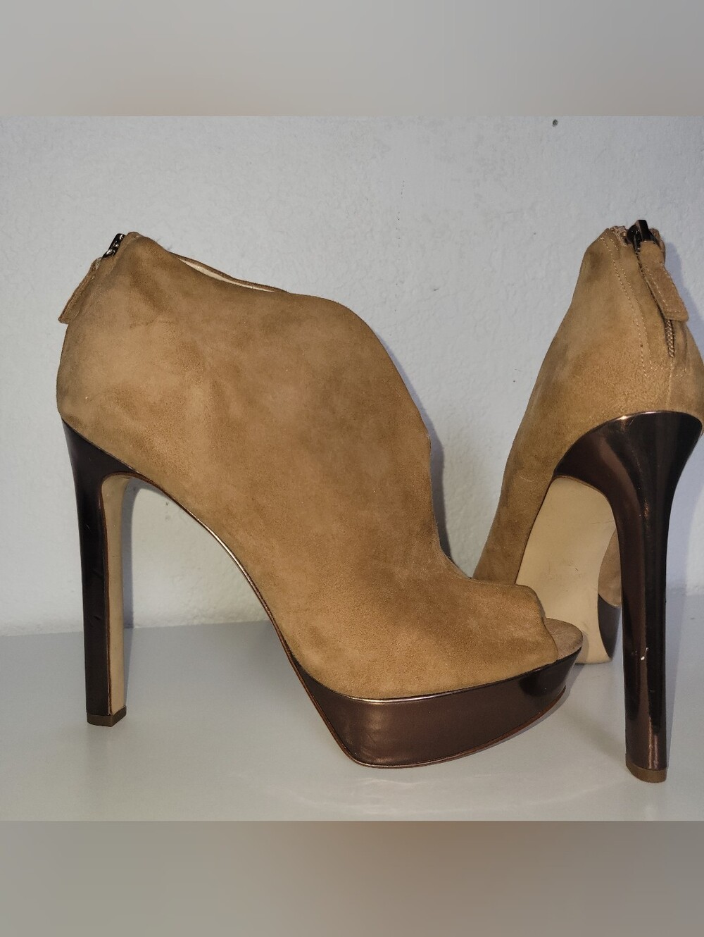 Nine West Tan Suede Peep-Toe Platform Booties with Dark Brown Heel